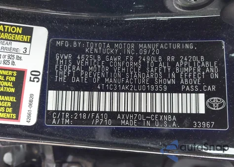 2020 Toyota Camry Le Hybrid z USA, uszkodzony, nr VIN 4T1C31AK2LU019359